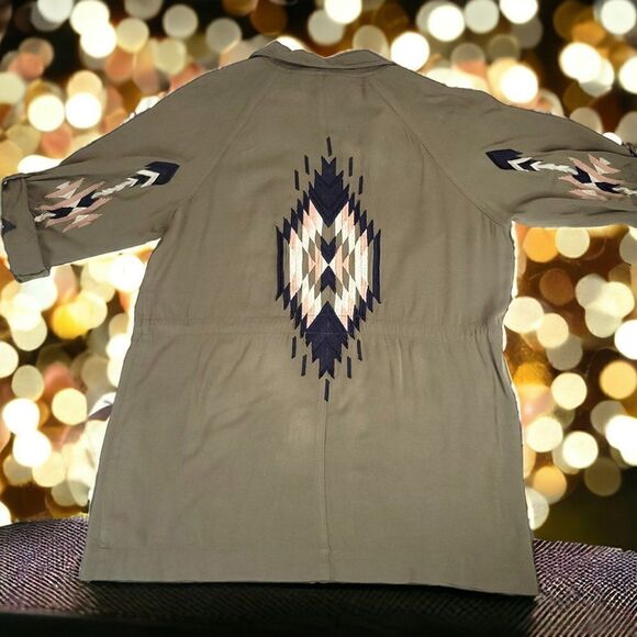 Miss Me olive Army green Native American embroidered Chevron long top jacket - Picture 3 of 10